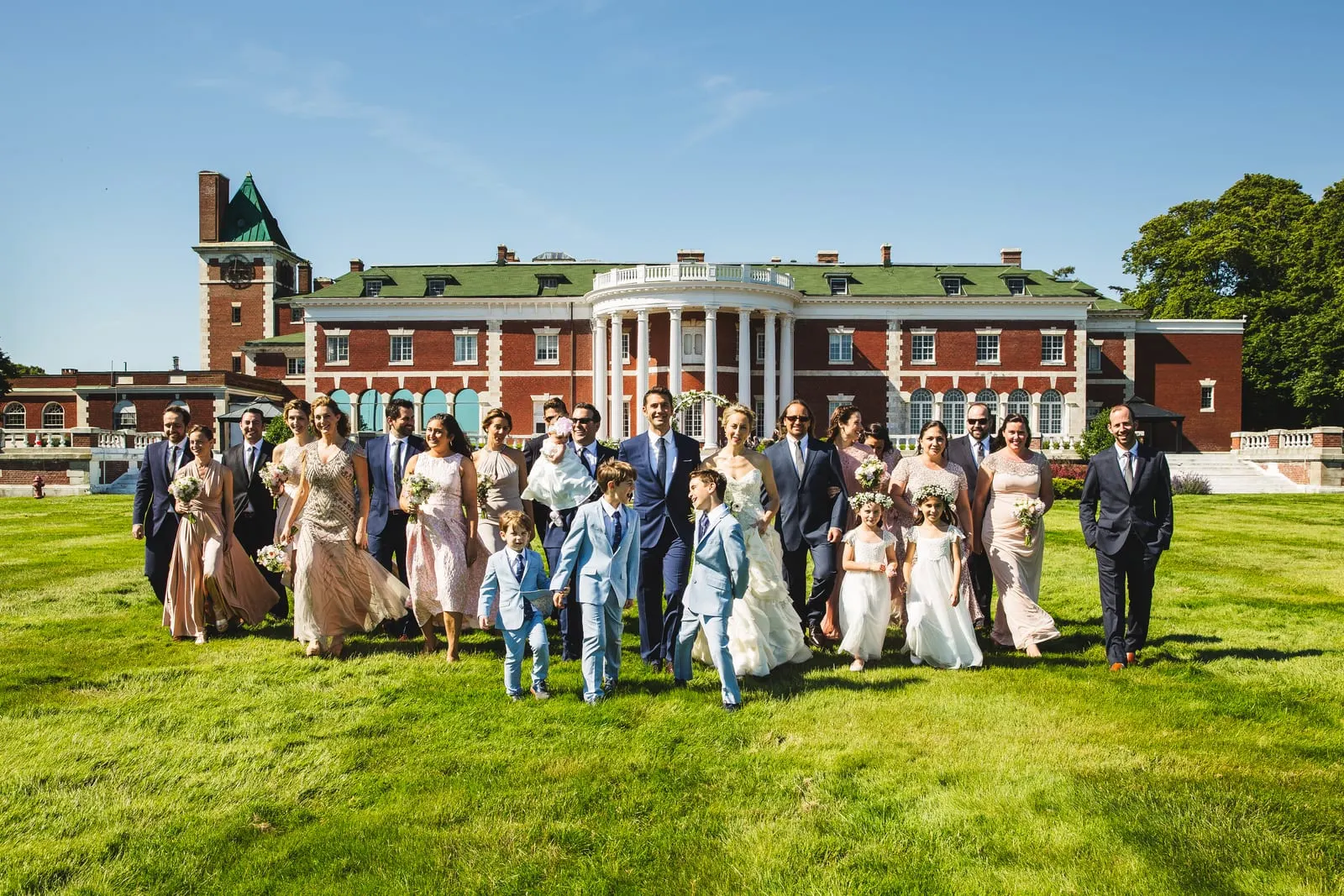 Wedding party on the lawn in front of Bourne Mansion