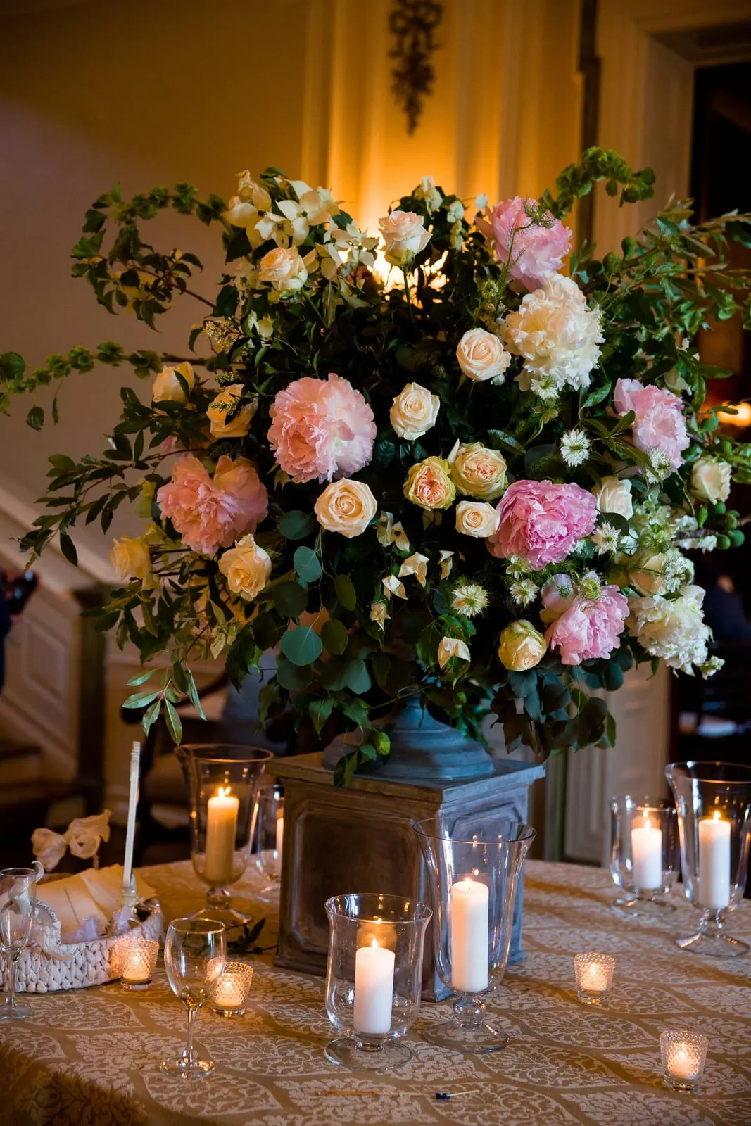 Arrangement of garden roses and hydrangeas