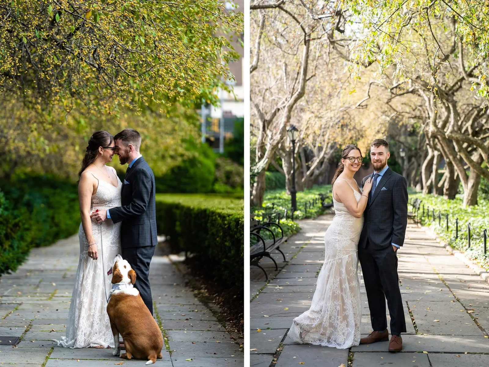 Bride and groom portrait in the Conservatory Garden, Central Park
