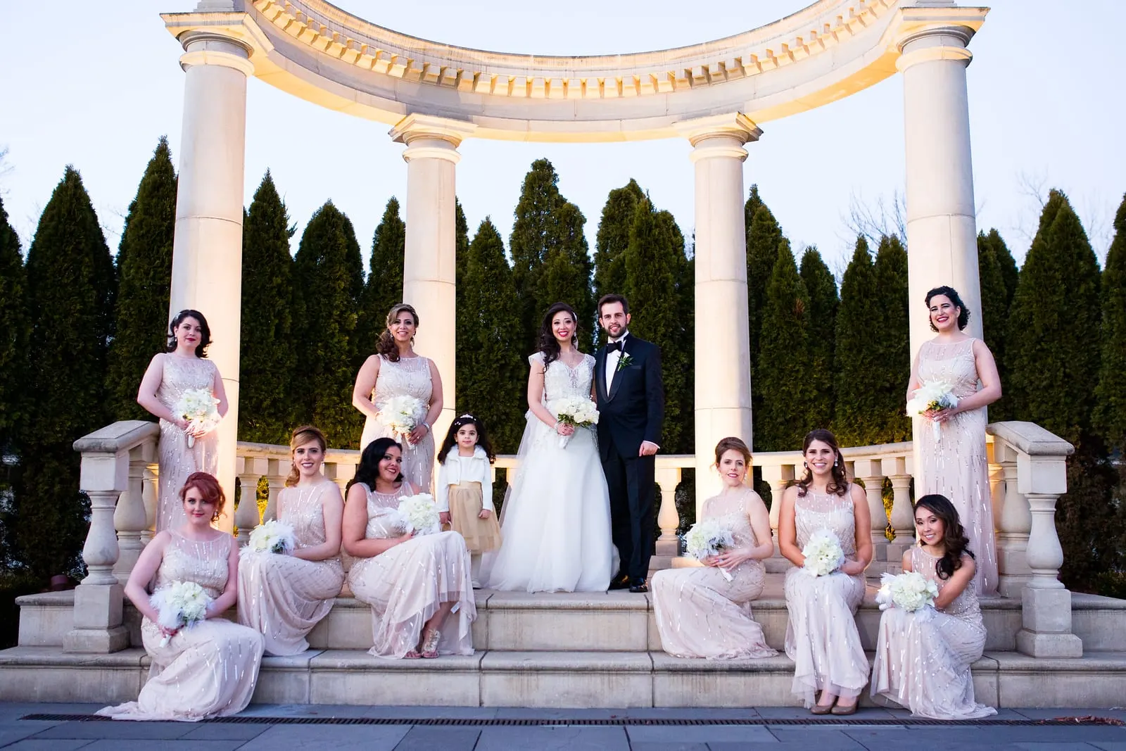 Bride and groom with the bridesmaids on the steps of the rotunda