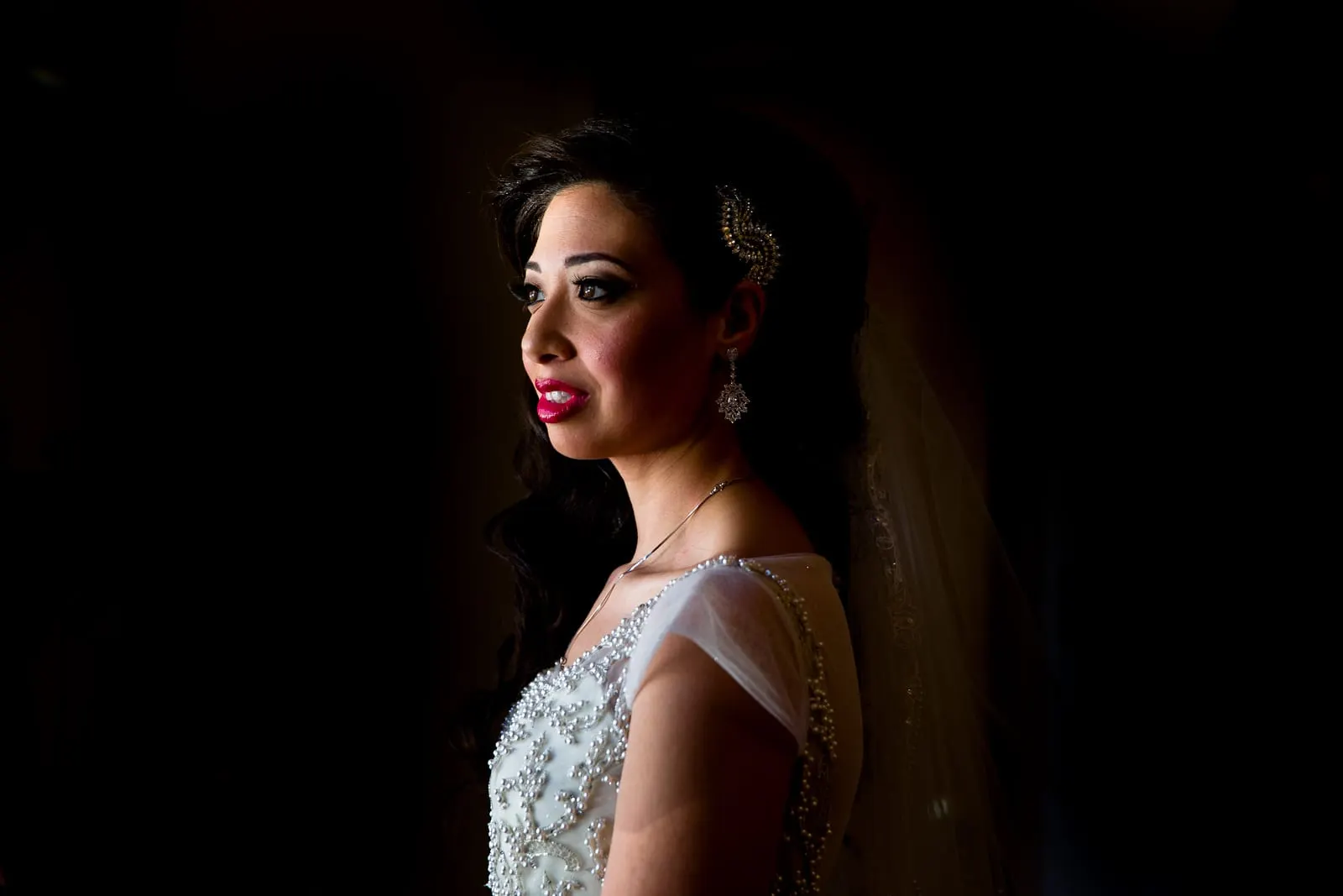 Dramatic window-light portrait of the bride