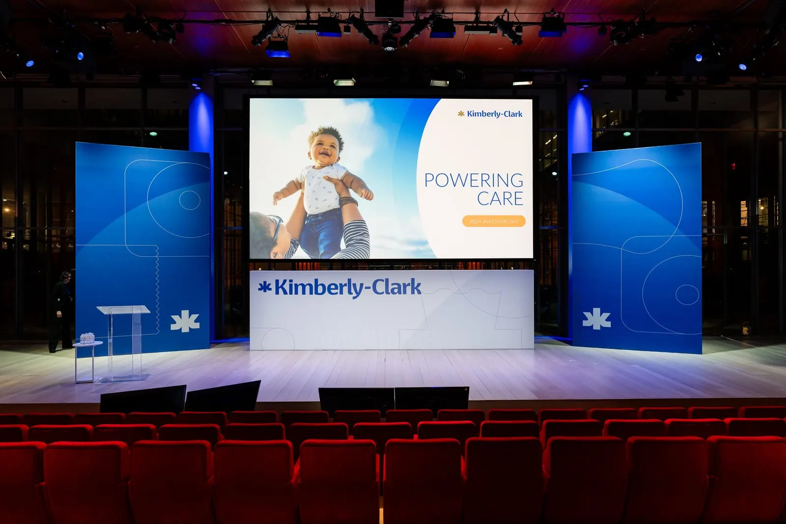 Kimberly-Clark Investor Day stage with the Powering Care screen
